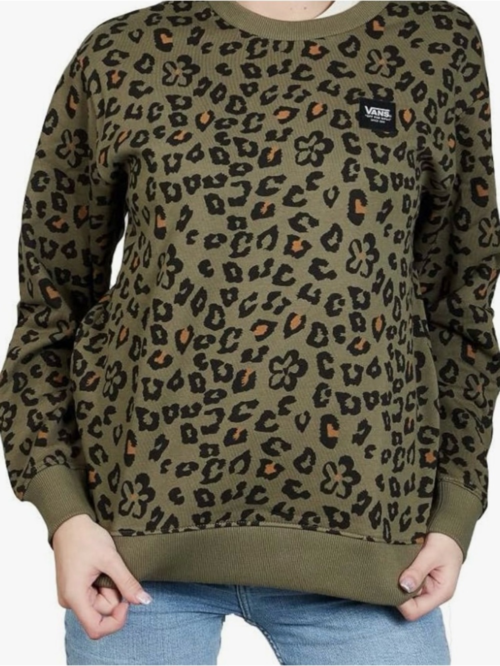 Vans Olive Leopard Animal Crew Hoodie, Size Medium